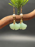 Green Jade Ginkgo Leaf Pearl Earrings 14K Hook Jewelry Women Gift