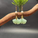 Green Jade Ginkgo Leaf Pearl Earrings 14K Hook Jewelry Women Gift
