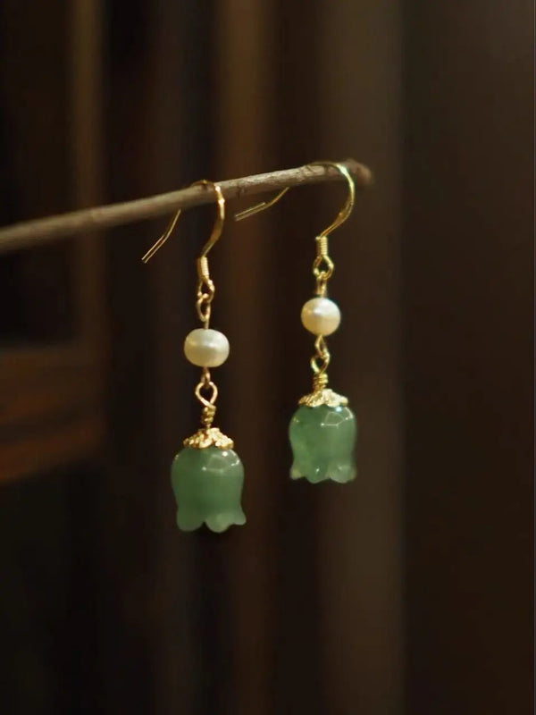 Green Jade Ginkgo Leaf Pearl Earrings 14K Hook Jewelry Women Gift