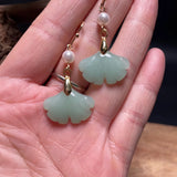 Green Jade Ginkgo Leaf Pearl Earrings 14K Hook Jewelry Women Gift