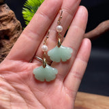 Green Jade Ginkgo Leaf Pearl Earrings 14K Hook Jewelry Women Gift