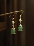 Green Jade Ginkgo Leaf Pearl Earrings 14K Hook Jewelry Women Gift