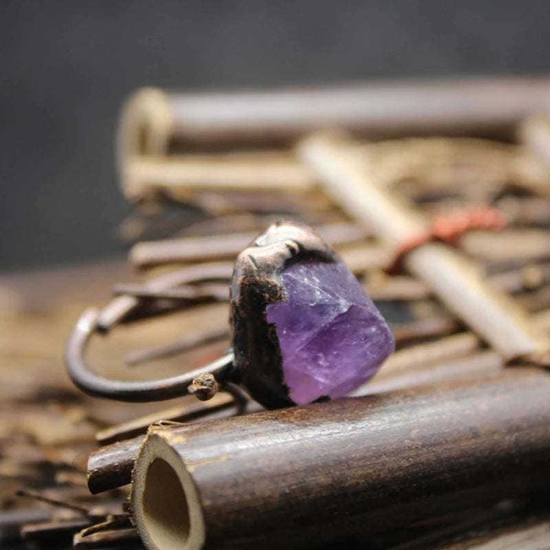 Raw Quartz Finger Ring, Kyanite Labradorite Crystal Open Ring