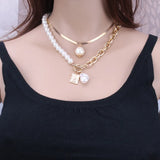 Baroque Pearl Square Necklace Set Retro Copper Snake Chain