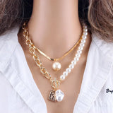 Baroque Pearl Square Necklace Set Retro Copper Snake Chain