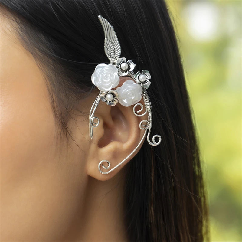 Flowers Ear Bone Clip Rose Branch Vine Leaf Elf Tassel Clip Earrings