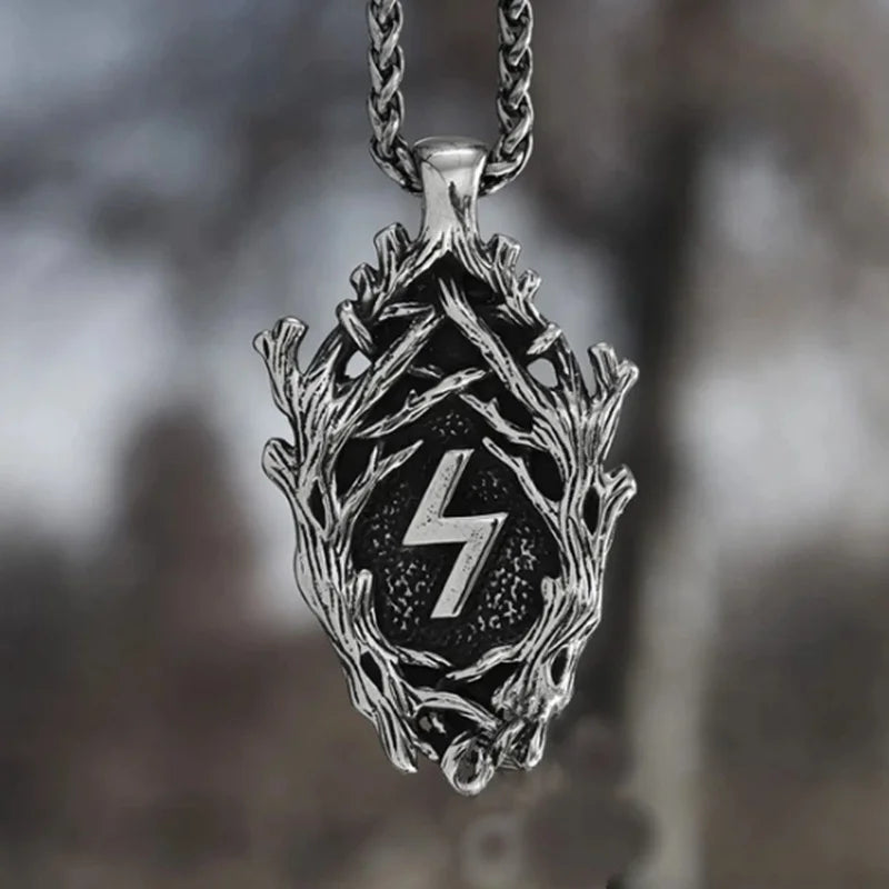 Nordic Men Stainless Steel Lightning Branch Rune Pendant Necklace