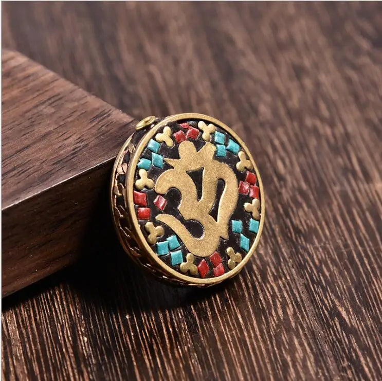 Retro OM Flower Nepal Red Clay Brass Tibetan Buddha Bead Antique Golden