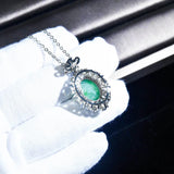 Retro Oval Lab Emerald Pendant Necklace for Women Silver Clavicle Chain