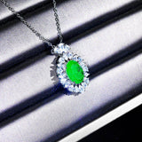Retro Oval Lab Emerald Pendant Necklace for Women Silver Clavicle Chain