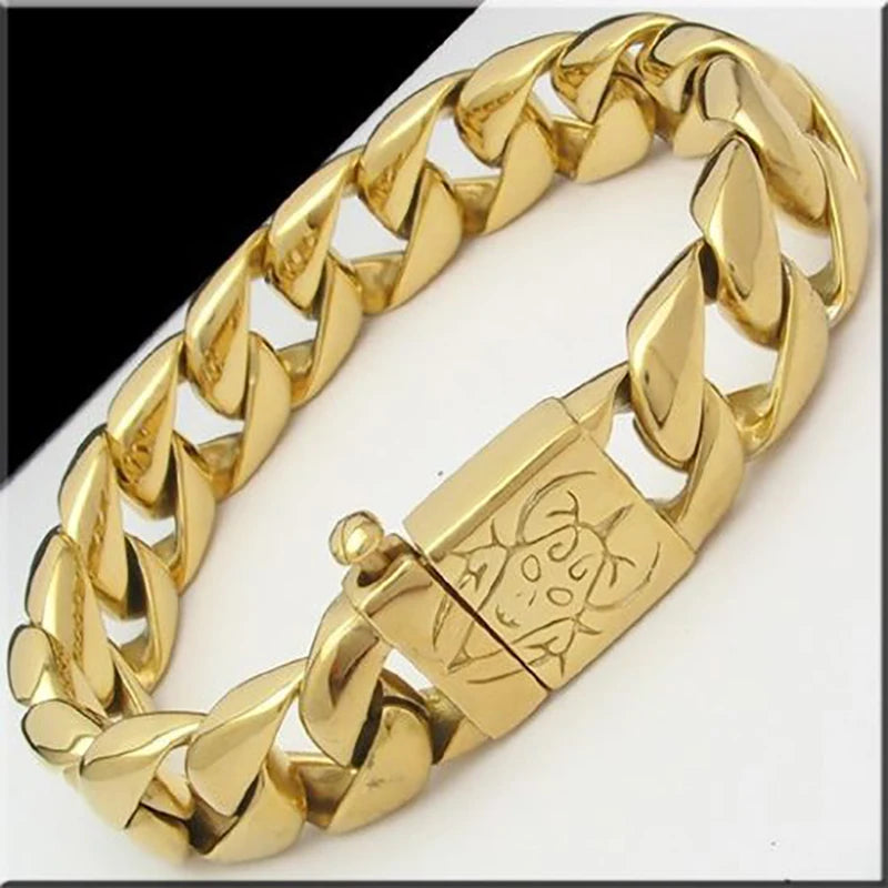 Retro Pattern Bracelet Silver/Gold Stainless Steel 15MM Chain Armband