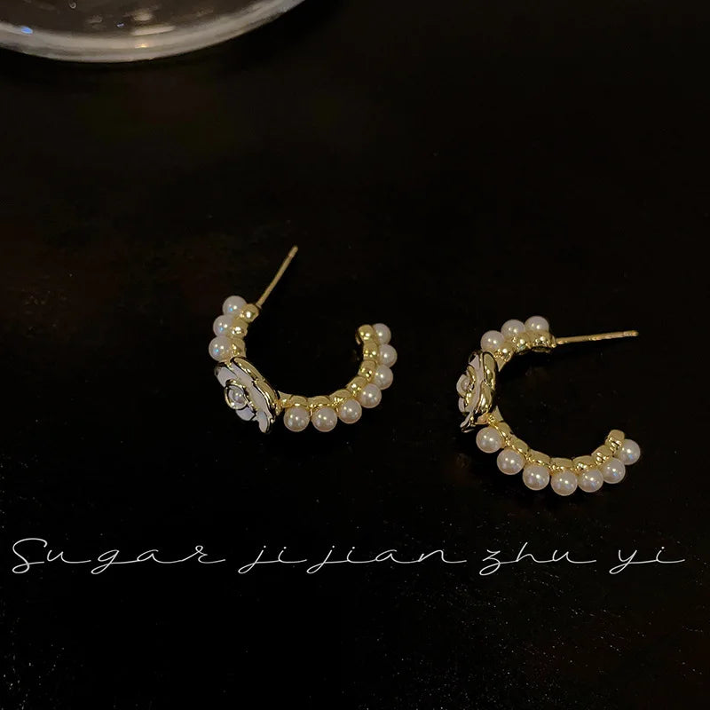 Retro Pearl Earrings Small Fragrant Camellia Niche Sense Early Spring Earrings