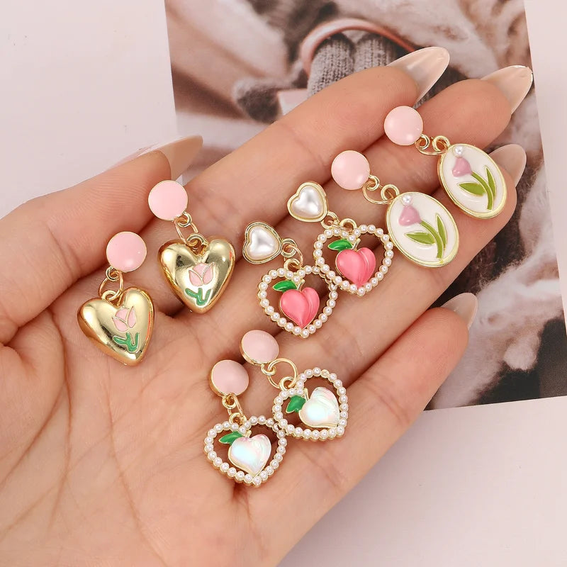Pink Peach Heart Pearl Stud Earrings Flower Drop Style Jewelry