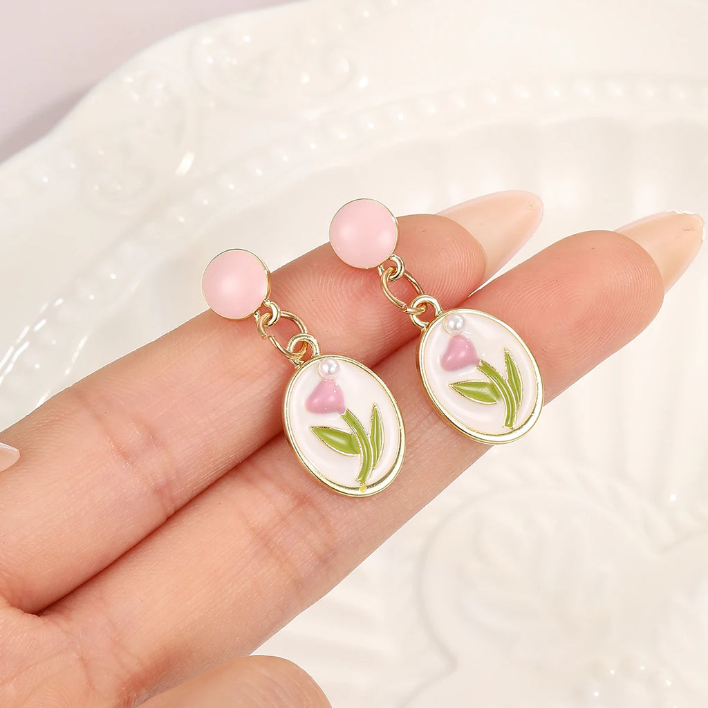Pink Peach Heart Pearl Stud Earrings Flower Drop Style Jewelry