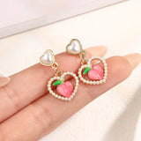 Pink Peach Heart Pearl Stud Earrings Flower Drop Style Jewelry