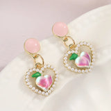 Pink Peach Heart Pearl Stud Earrings Flower Drop Style Jewelry