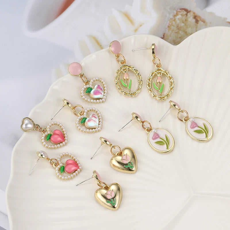 Pink Peach Heart Pearl Stud Earrings Flower Drop Style Jewelry