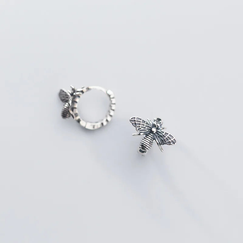 925 Silver Bee Chain Hoop Huggie Earrings