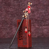 Red Chinese Style Hanfu Tassel Wood Flowers Chopsticks Hairpin