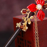 Red Chinese Style Hanfu Tassel Wood Flowers Chopsticks Hairpin
