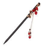 Red Chinese Style Hanfu Tassel Wood Flowers Chopsticks Hairpin