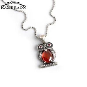 Retro Red Diamond Owl S925 Sterling Silver Necklace Pendant Jewelry