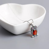 Retro Red Diamond Owl S925 Sterling Silver Necklace Pendant Jewelry