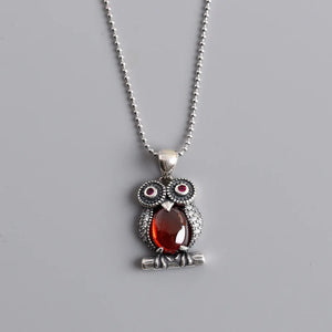 Retro Red Diamond Owl S925 Sterling Silver Necklace Pendant Jewelry
