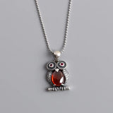 Retro Red Diamond Owl S925 Sterling Silver Necklace Pendant Jewelry
