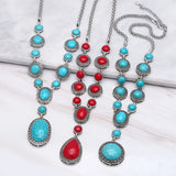 Retro Red Stone Y Necklace Tear Drop Silver Long Chain Y Necklace Pendant