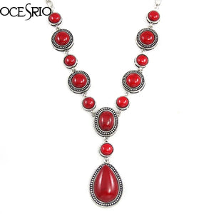 Retro Red Stone Y Necklace Tear Drop Silver Long Chain Y Necklace Pendant