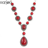 Retro Red Stone Y Necklace Tear Drop Silver Long Chain Y Necklace Pendant