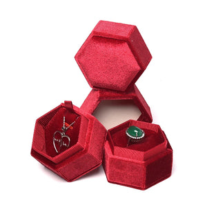 Red Velvet Hexagonal Jewelry Display Box with Card Slot