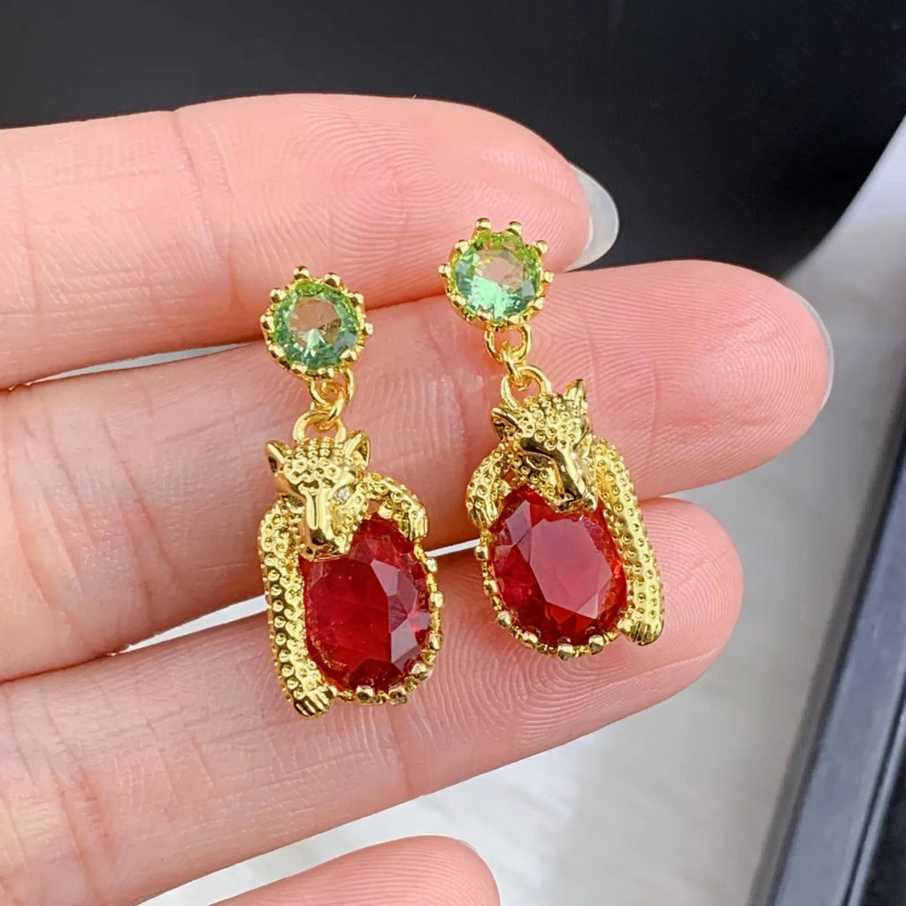 Vintage Red Zircon Stone Long Dangle Earrings