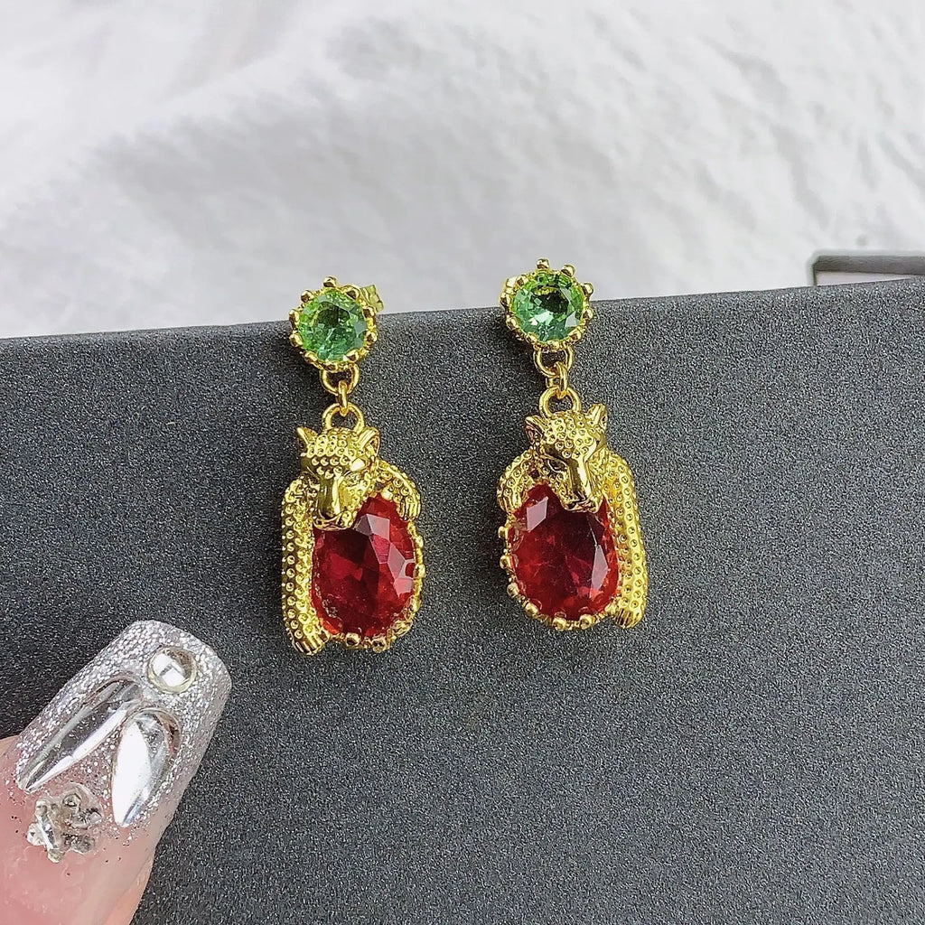 Vintage Red Zircon Stone Long Dangle Earrings