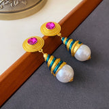 Retro Rhinestone Pearl Flower Love Light Medieval Palace Earrings
