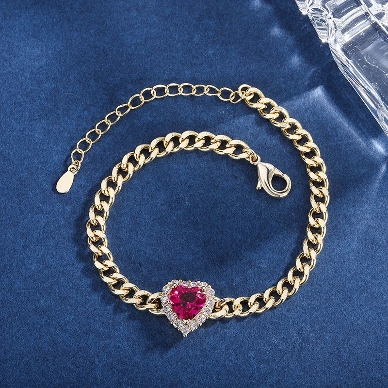 Retro Ruby and Emerald Heart Cuban Bracelet for Women