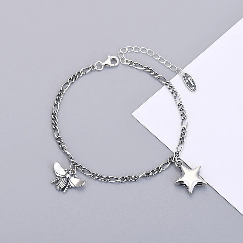 Retro Silver 925 Bracelet Heart Bumble Bee Charm Women Jewelry Italian Style