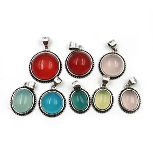 Retro Silver Stone Pendant Oval Boho Charms for DIY Necklace Earrings