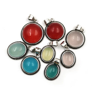 Retro Silver Stone Pendant Oval Boho Charms for DIY Necklace Earrings