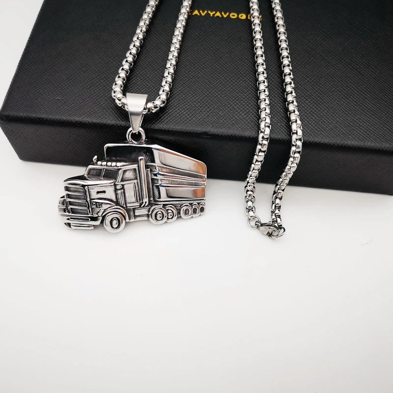 Retro Stainless Steel Truck Pendant Necklace Men's Hip Hop Jewelry