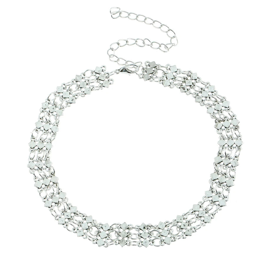Vintage Silver Choker Necklace Hollow Geometry Short Collar Jewelry
