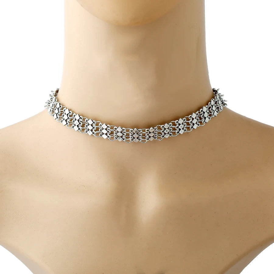 Vintage Silver Choker Necklace Hollow Geometry Short Collar Jewelry