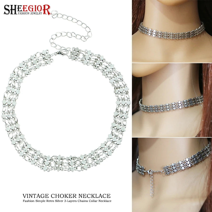 Vintage Silver Choker Necklace Hollow Geometry Short Collar Jewelry