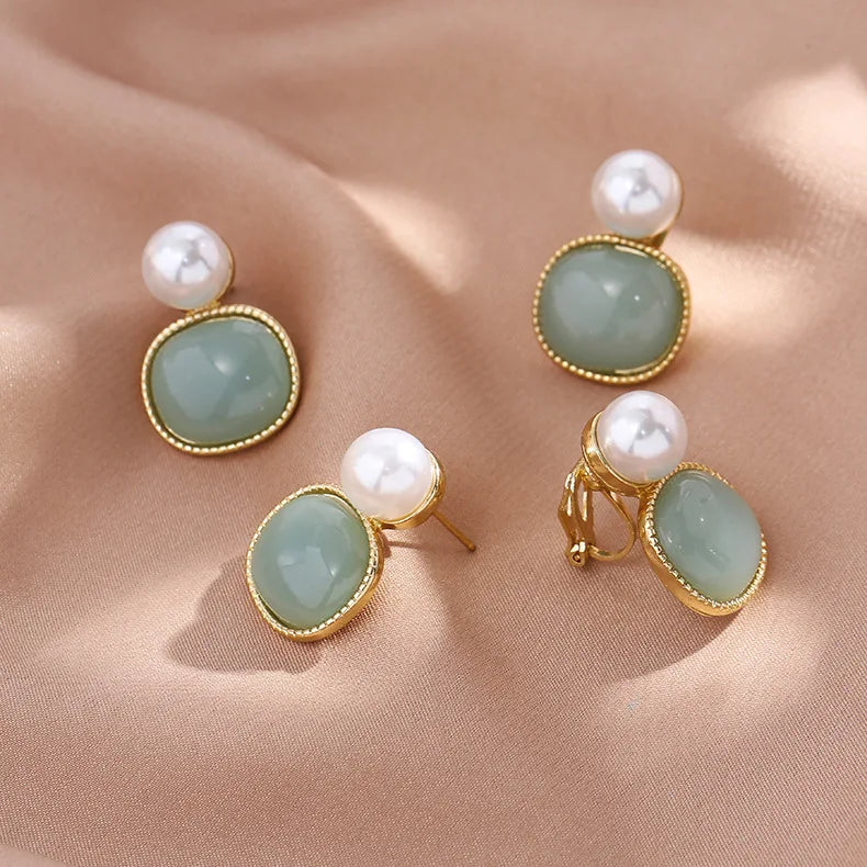 Vintage Baroque Pearl Clip Earrings with Green Stone - No Piercing