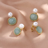 Vintage Baroque Pearl Clip Earrings with Green Stone - No Piercing