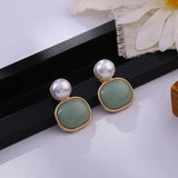 Vintage Baroque Pearl Clip Earrings with Green Stone - No Piercing