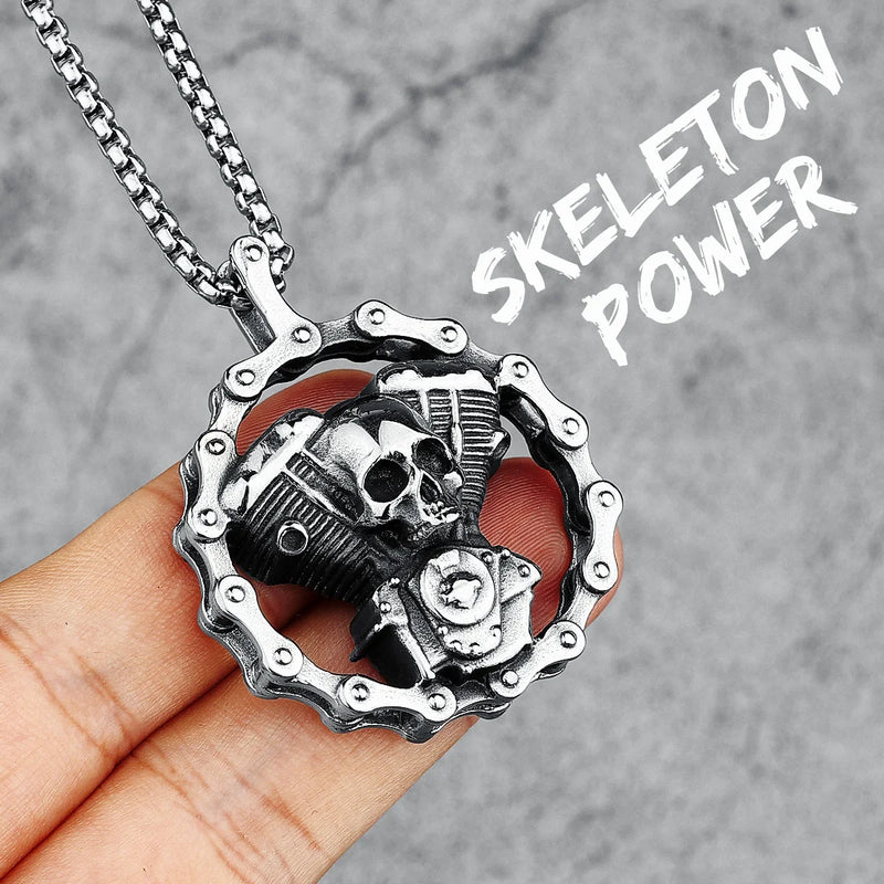 Skull Engine Necklace Chain Stainless Steel Men Skeleton Pendant Rock Punk