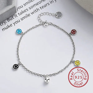 925 Silver Smile Face Pendant Chain Bracelet Colorful Enamel Charm for Women