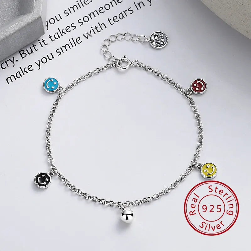 925 Silver Smile Face Pendant Chain Bracelet Colorful Enamel Charm for Women